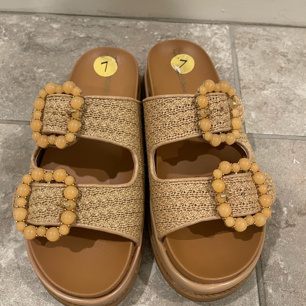 BCBGeneration Tan Sandals with Beaded Accents
